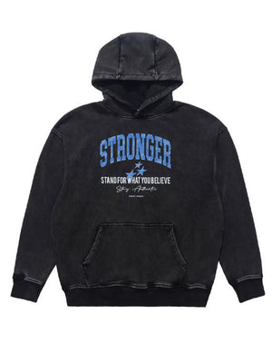 Faded charcoal cotton hoodie with blue "STRONGER" graphic and motivational text.