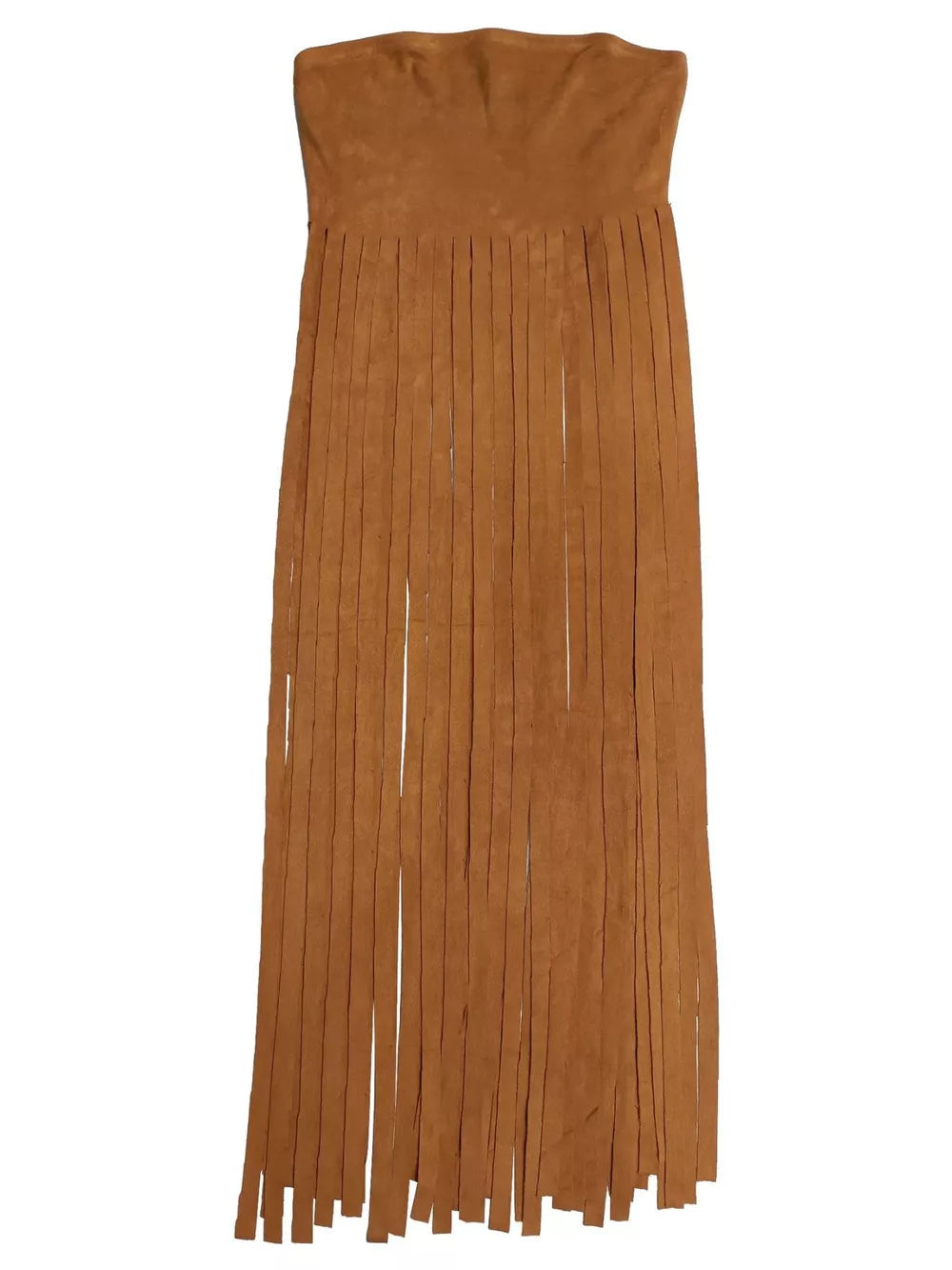Caramel suede tube top with long fringe trim detail