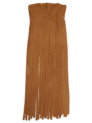Caramel suede tube top with long fringe trim detail
