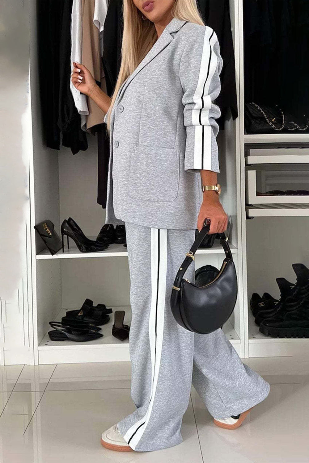 Light Gray track stripe blazer and trouser set with white side stripes