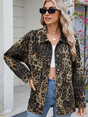 Leopard print denim utility jacket with button front and chest pockets.