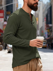 Men's long sleeve Army Green cotton Henley t-shirt with button placket