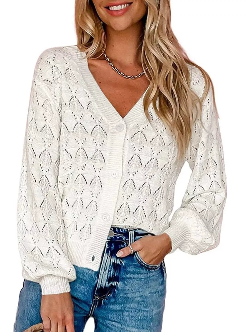 V-neck Openwork Button-down Knit Cardigan in White, editorial view