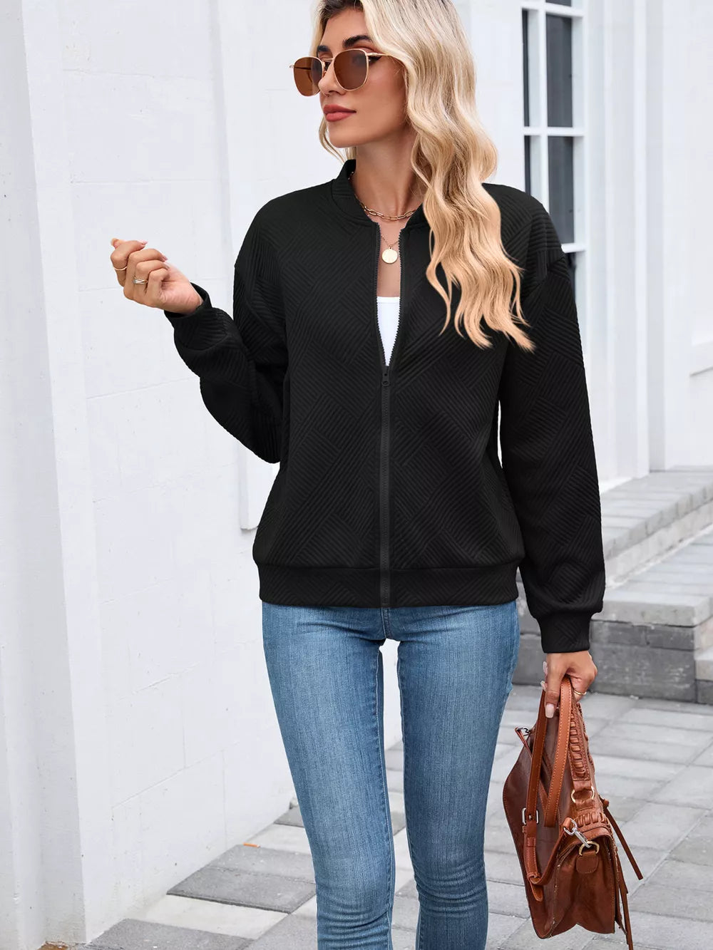 bomber jacket in Army Green with crew neck and long sleeve