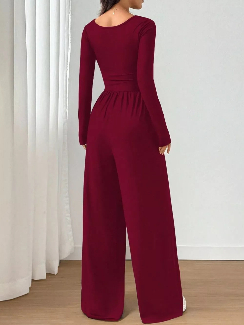 Ruched Square Neck Wide-leg Jumpsuit in Brown, view 18