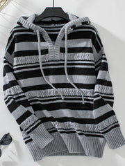 Textured stripe knit hoodie with V-neck and drawstring, in black and dark gray.