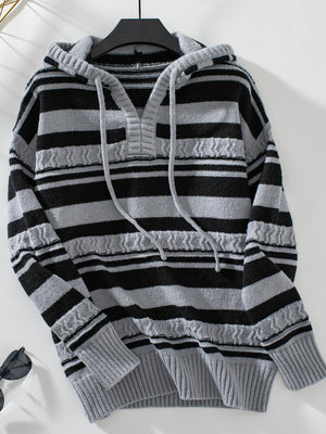 Textured stripe knit hoodie with V-neck and drawstring, in black and dark gray.