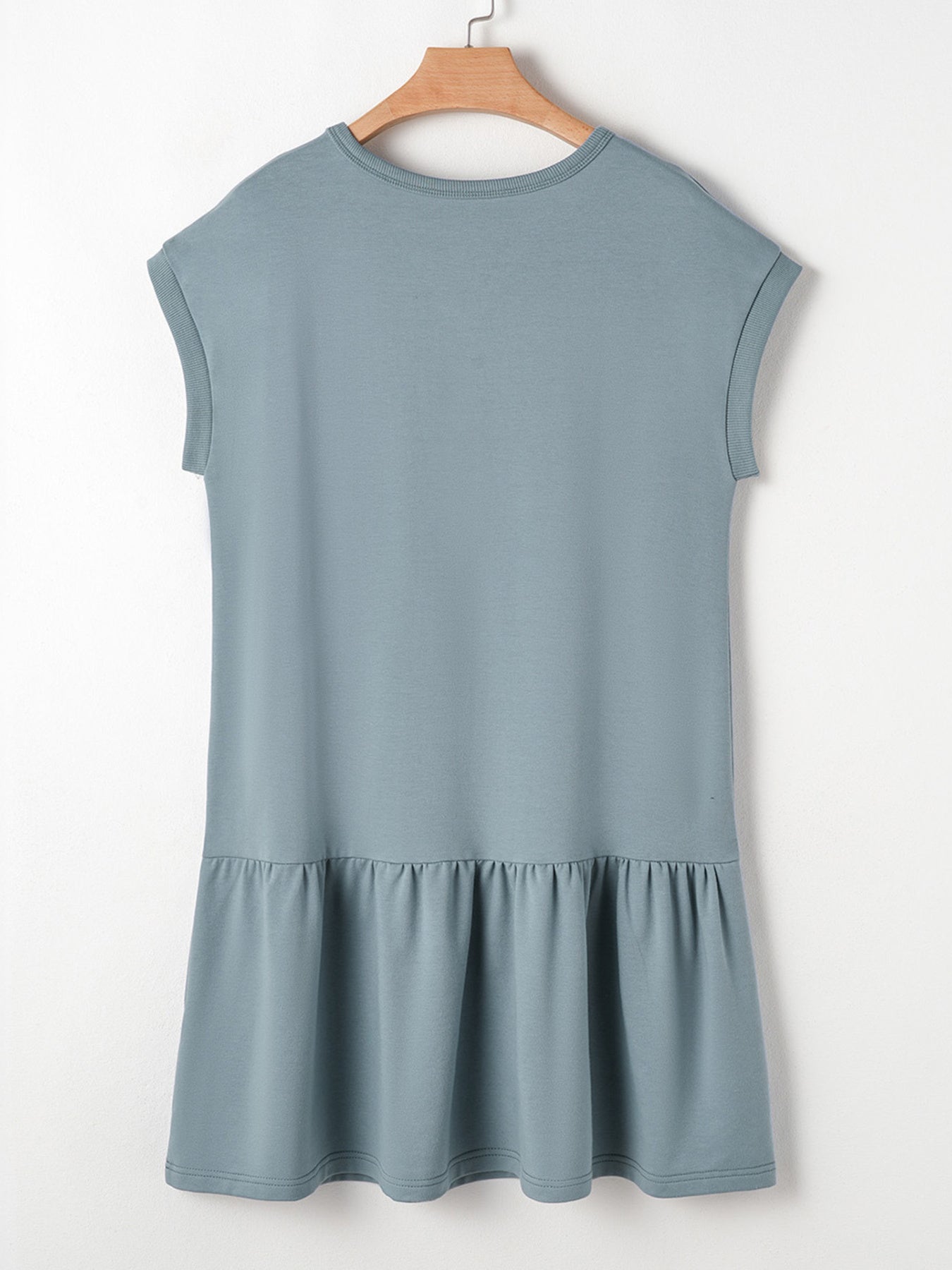 French blue cotton cap sleeve drop waist t-shirt dress with ruffled hem