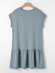 French blue cotton cap sleeve drop waist t-shirt dress with ruffled hem