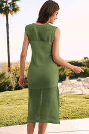 Matcha green open-knit midi dress with side slit, 100% viscose, sleeveless, crew neck