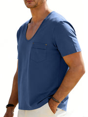 Blue cotton blend tee with scoop neck, short sleeves, and chest pocket.