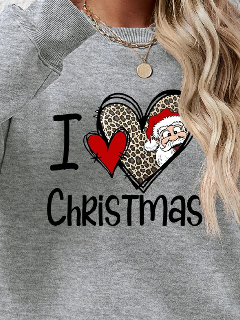 Festive Heart Graphic Sweatshirt in Dark Gray with I Love Christmas text and Santa graphic.
