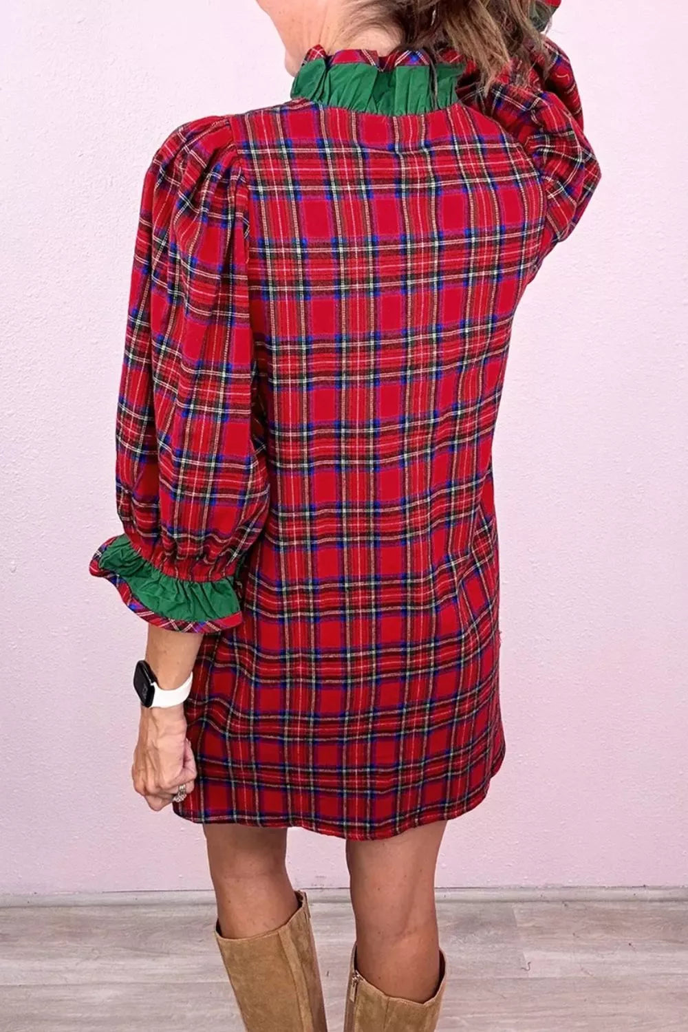 Plaid Ruffle Cuff Button Front Mini Dress in Deep Red, alternate angle