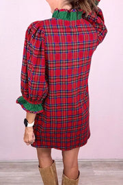 Plaid Ruffle Cuff Button Front Mini Dress in Deep Red, alternate angle