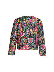 Paisley quilted jacket with pink trim and colorful floral print.