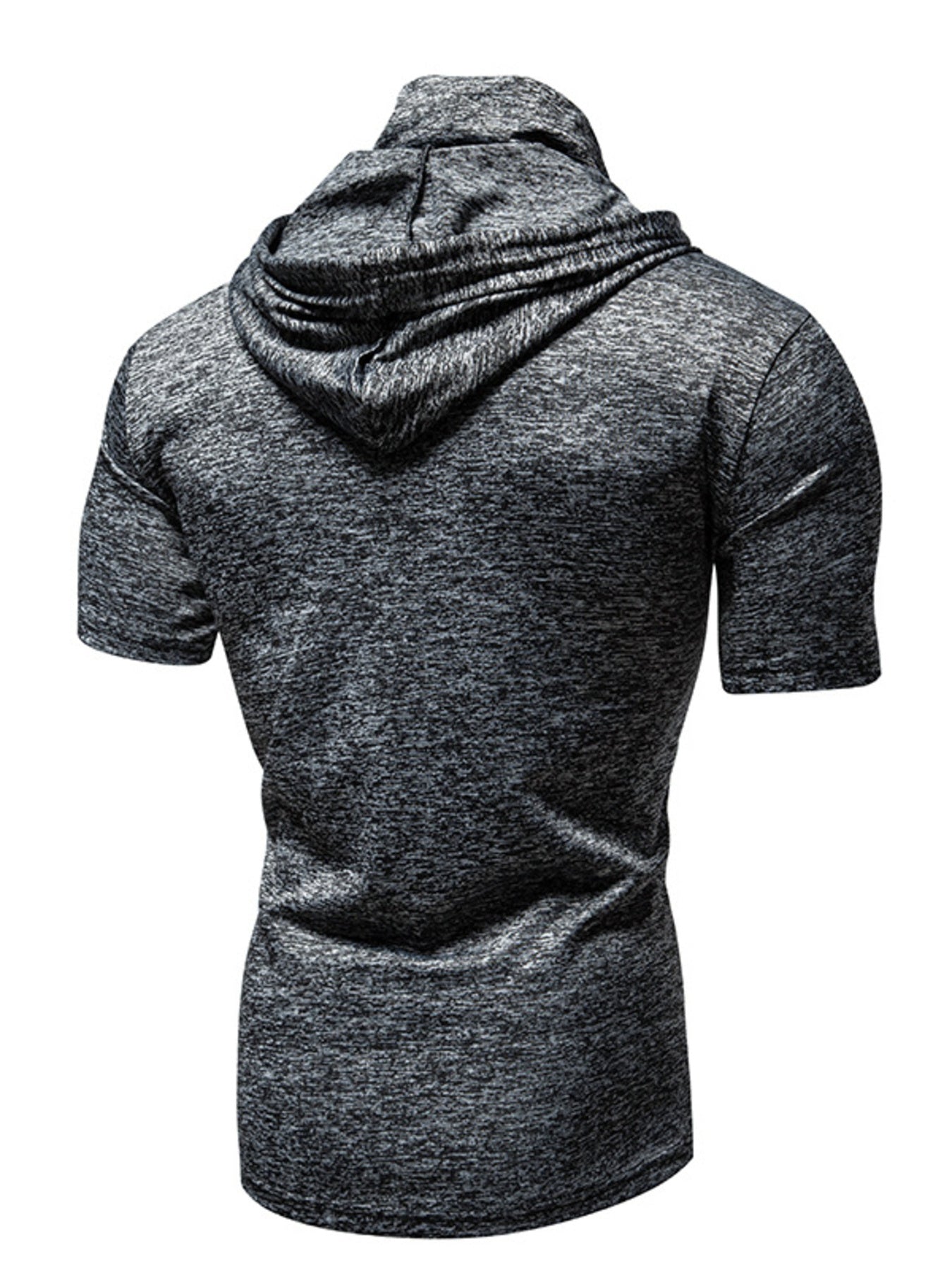 Men's dark gray heathered short sleeve hooded t-shirt with cowl neck