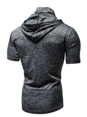 Men's dark gray heathered short sleeve hooded t-shirt with cowl neck