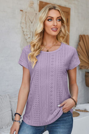 Lavender perforated eyelet cuffed tee with short sleeves and a crew neck.