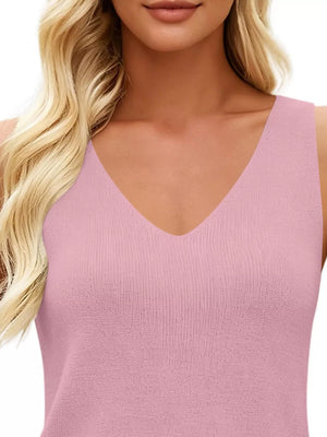 V-neck Ribbed Knit Tank Top in Navy, view 14