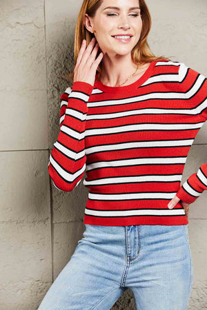 Ribbed stripe knit crewneck sweater with red, white, and black horizontal stripes.
