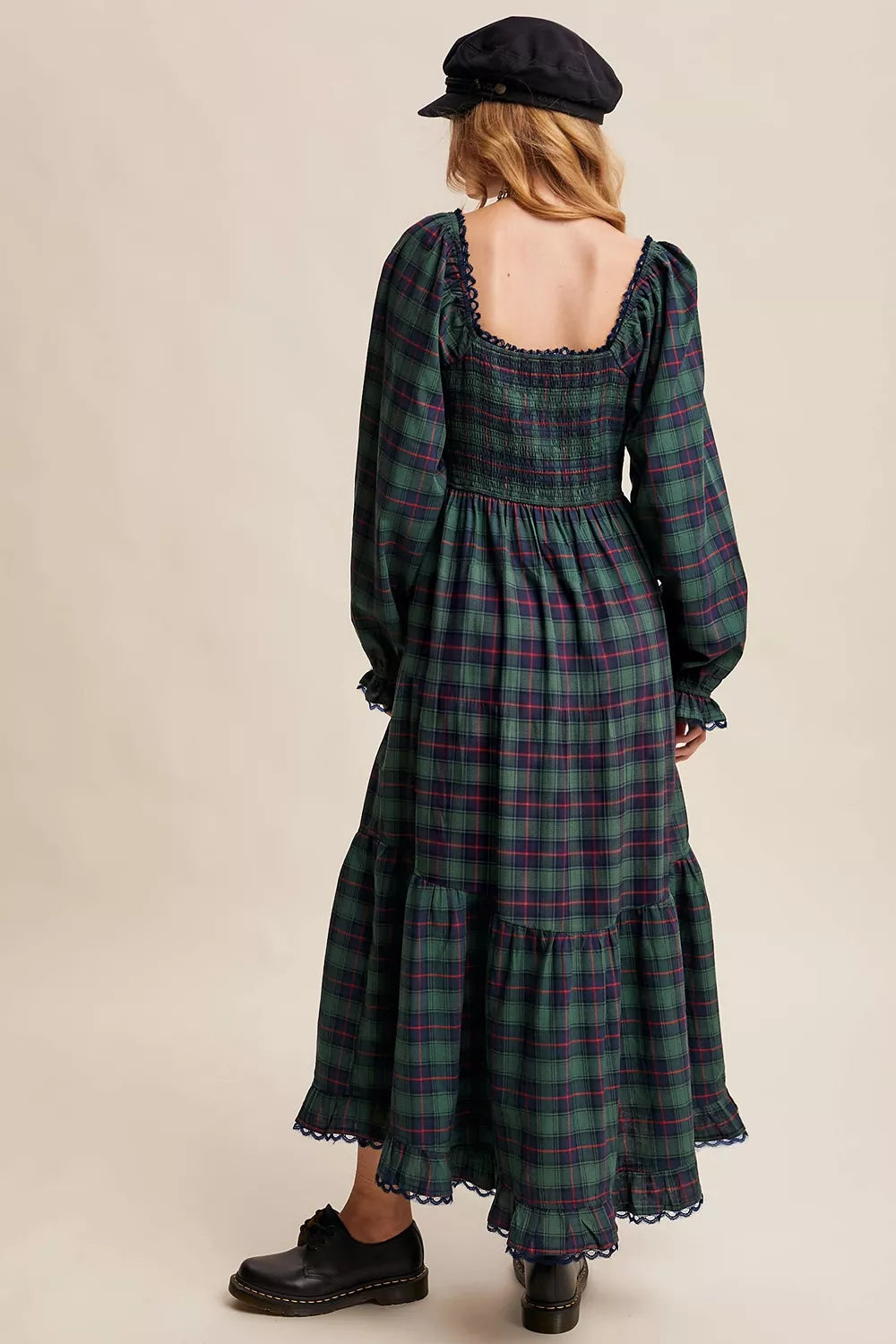 Plaid Long Sleeve Tiered Midi Dress in Black Forest, close-up detail