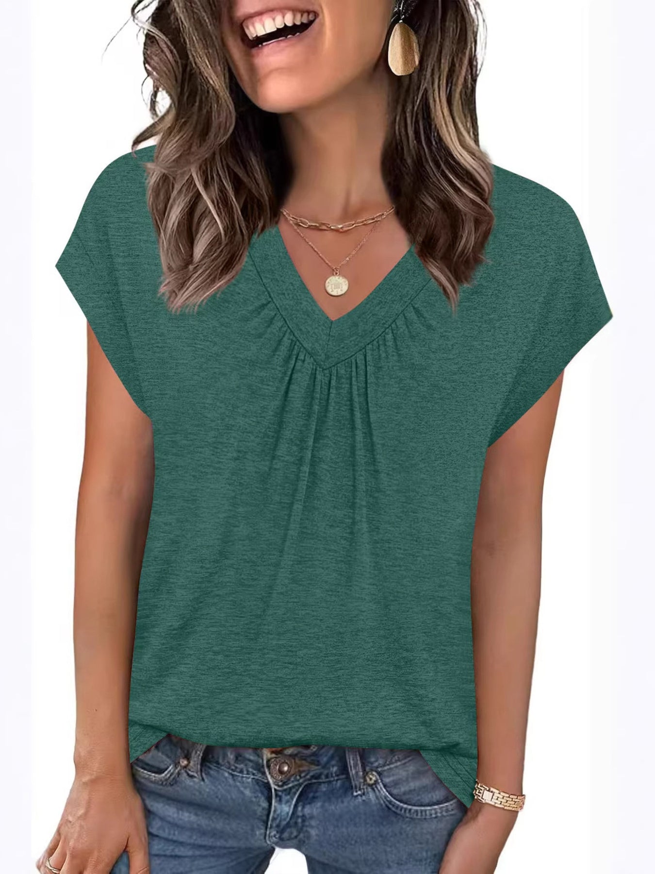 Dark green ruched v-neck t-shirt with short sleeves.