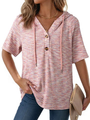 Waffle knit hooded t-shirt in pink with button detail and drawstring hood.