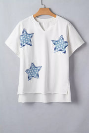 White cotton tee with notched neck and blue star appliques.