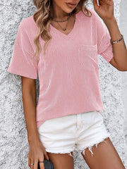 Textured ribbed v-neck pocket tee in white, blue, black, charcoal, mid green, or blush pink.