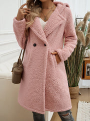 Dusty Pink teddy hooded cocoon coat with double-breasted closure and pockets