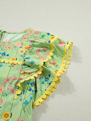 Green striped cotton blouse with floral print, ruffle short sleeves, and yellow scalloped trim.