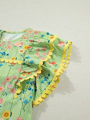 Green striped cotton blouse with floral print, ruffle short sleeves, and yellow scalloped trim.