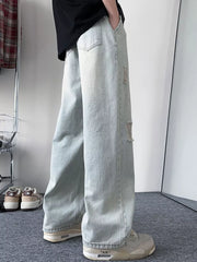 Light blue distressed wide-leg jeans with a relaxed fit.