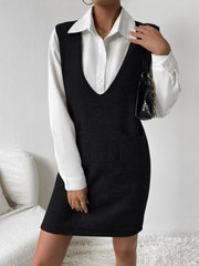 Black knit sleeveless mini dress with V-neck and pocket details.