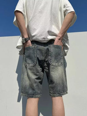 Men's Full Size Distressed Denim Shorts in Light, close-up detail