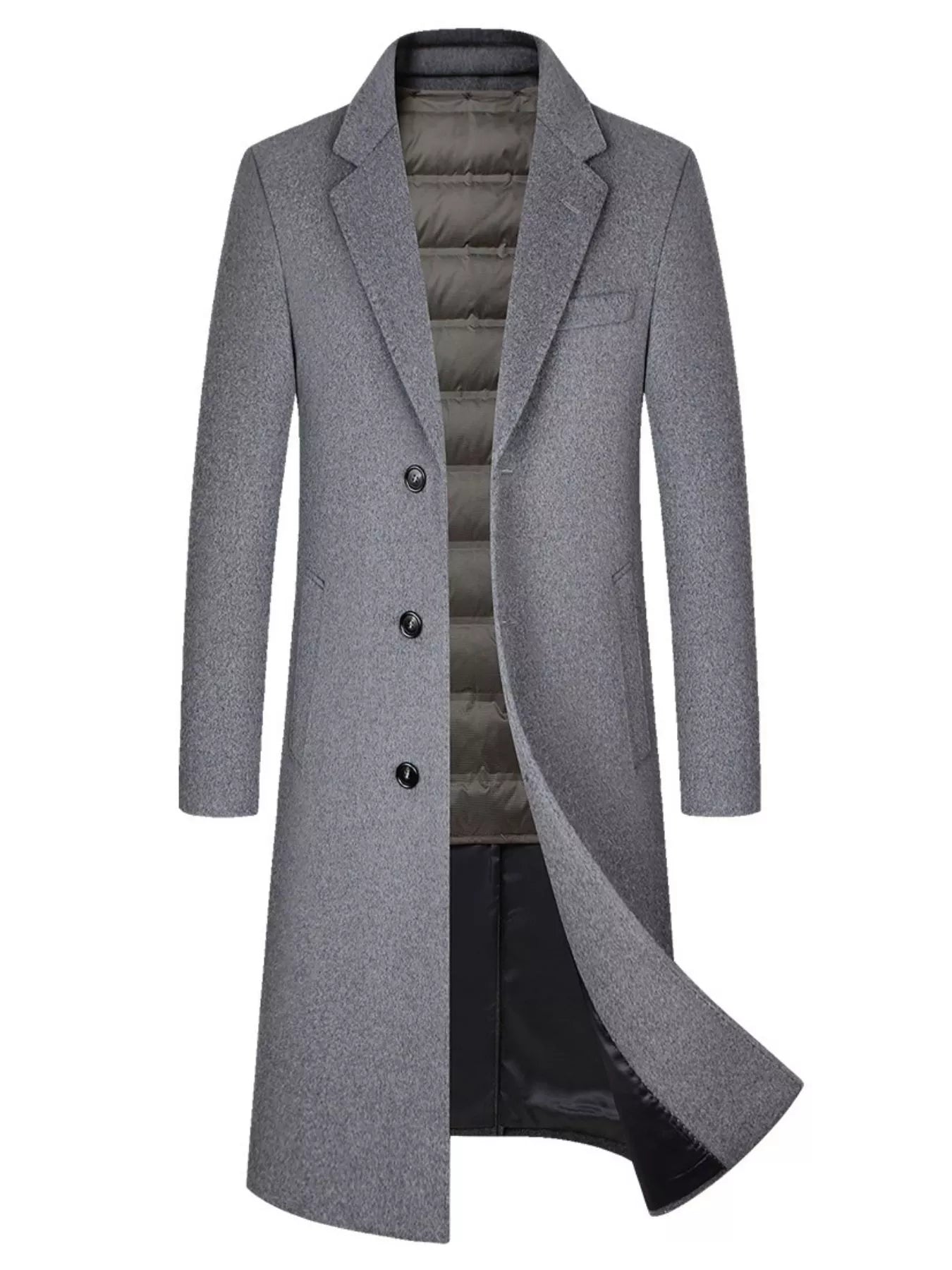 Men's classic button up overcoat in dark gray with a quilted inner lining and notched lapels.