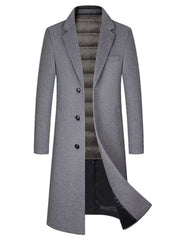 Men's classic button up overcoat in dark gray with a quilted inner lining and notched lapels.