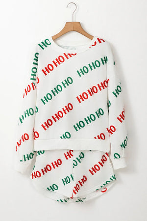 White loungewear set with allover red and green HO HO HO print.