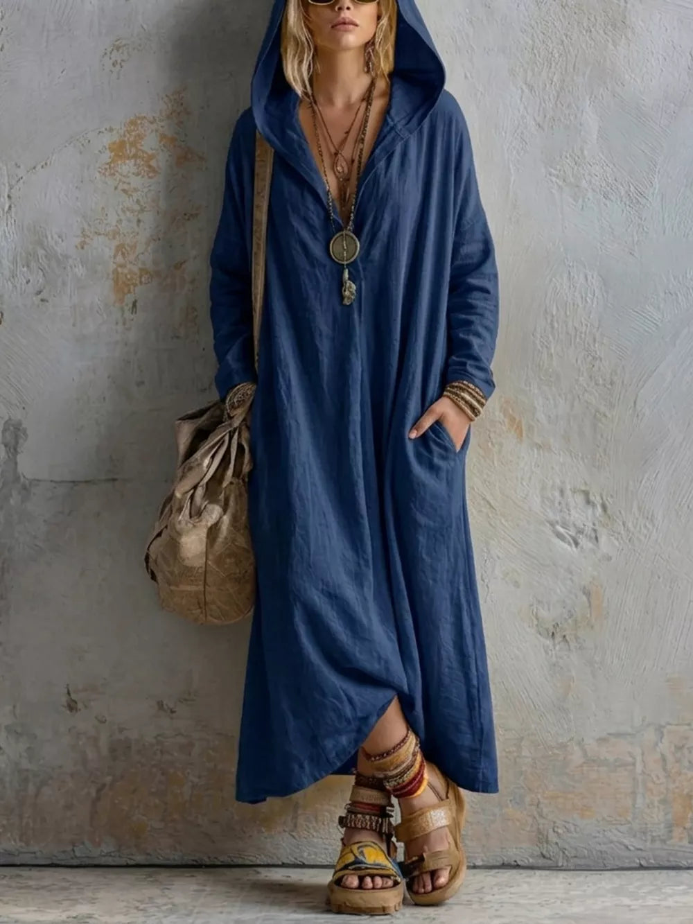 Long Sleeve Hooded Midi Dress With Pockets in White, alternate angle