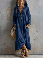 Long Sleeve Hooded Midi Dress With Pockets in White, alternate angle