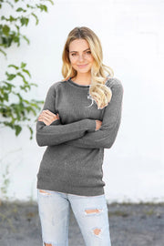 Dark Gray honeycomb knit pullover sweater with raglan sleeves and crew neck.
