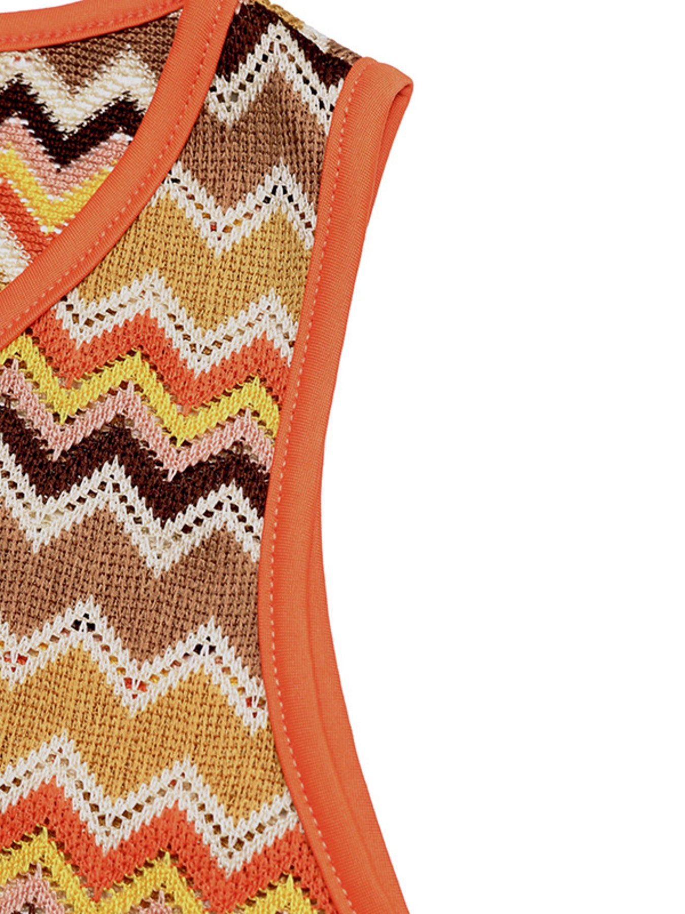 Zigzag knit two-piece set with orange trim and V-neckline.