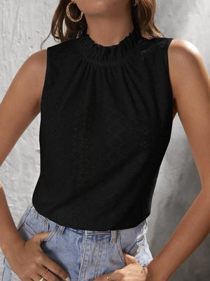 Ruffled eyelet back-tie tank top in Dusty Pink, Black, Teal, or White.