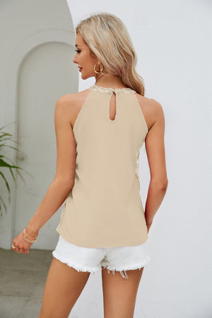 Tan halterneck tank top with sequin trim and keyhole back detail