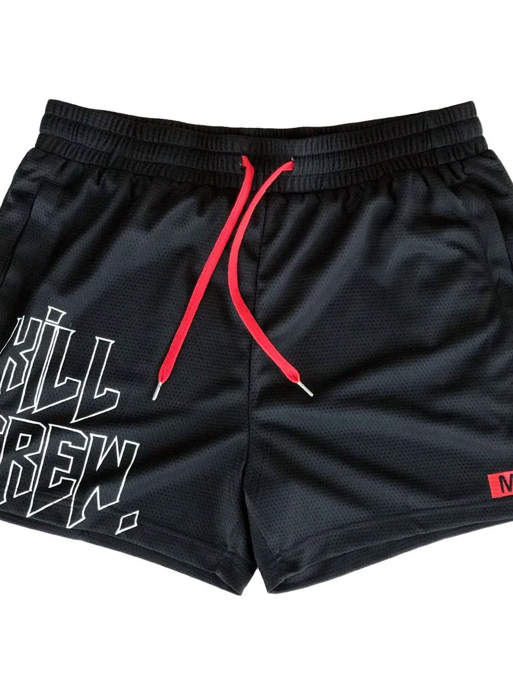 Black mesh performance shorts with white graphic text and red drawstrings.
