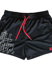 Black mesh performance shorts with white graphic text and red drawstrings.