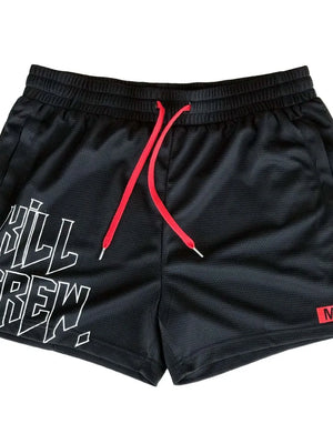 Black mesh performance shorts with white graphic text and red drawstrings.