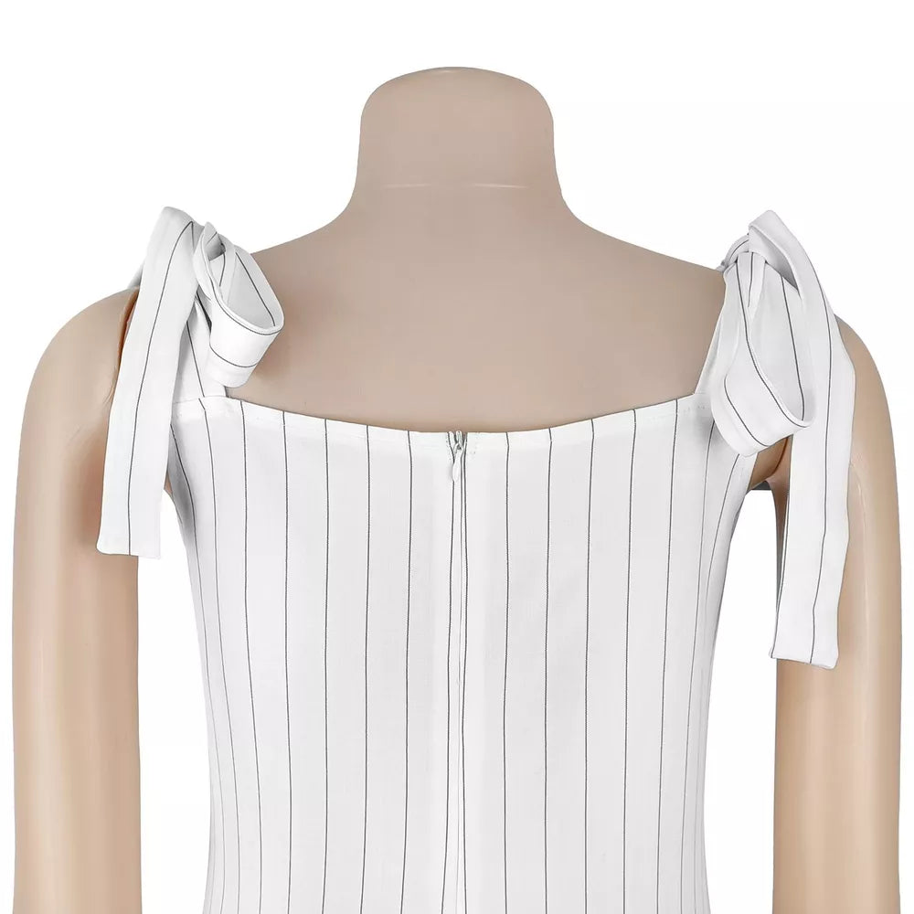 White pinstripe wide-leg romper with tie straps and square neckline