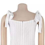 White pinstripe wide-leg romper with tie straps and square neckline