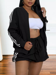 Striped Zip Up Outerwear And Shorts Set in Black, front view